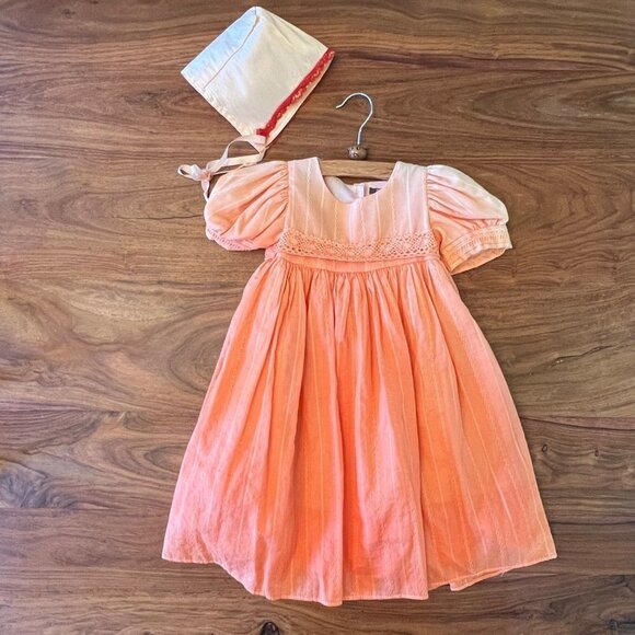 Custom Dyed Orange Ombre Dress with Lace Trim, Wide Sash & Bonnet - Picture 2 of 6
